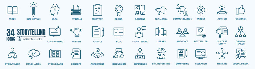 Set of storytelling and Copywriting Icons. Simple editable line art style icons pack. Vector illustration - obrazy, fototapety, plakaty