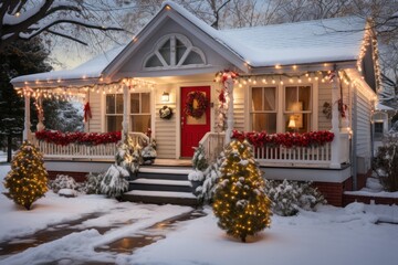 House decorated with garland lights for the holidays. Merry christmas and happy new year concept.