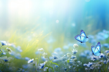 Spring meadow with blue flowers and flying butterflies, with space for text - 647866618