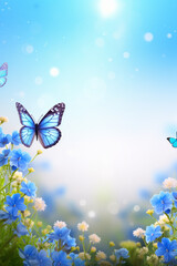 Fototapeta na wymiar Spring meadow with blue flowers and flying butterflies, with space for text