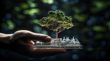 a hand holds tree growing on a computer circuit chip board with the concept of green computing, green technology, green IT, and IT ethics. - obrazy, fototapety, plakaty