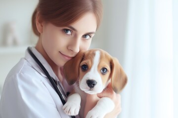 Woman veterinarian with cute puppy. Portrait with selective focus and copy space