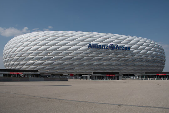 Munich, Germany - April 21, 2021: Daytime exterior of the Allianz Arena, the home stadium of the FC Bayern Munich football club.