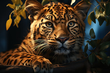 Beautiful Leopard emerging from the leaves of the trees. Wild animals concept. Generative Ai.