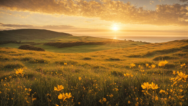 Sunset over the field, during golden hour, with warm, soft sunlight grazing over the grass and wildflowers, making it a realistic and inviting nature wallpaper.