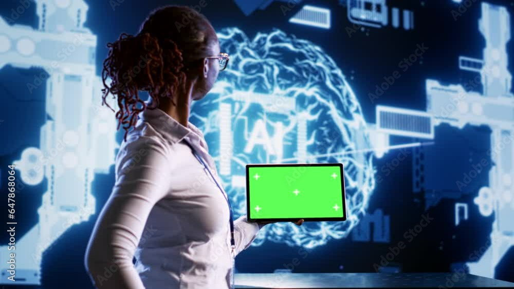 Poster tech savvy admin in data center with mockup tablet using artificial intelligence computing simulatin