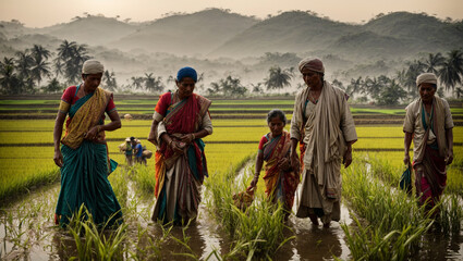 A lush green rice paddy field in rural India. Farmers, dressed in traditional attire, are diligently harvesting the crop with sickles, showcasing the vibrant and labor-intensive agricultural.