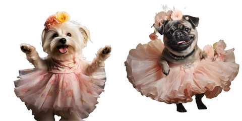 Png Set Gorgeous dog dances in a tutu with flowers transparent background