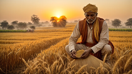 Naklejka na ściany i meble Person in a field, golden hues of the sunrise as traditional Indian farmers sow wheat seeds in a vast, picturesque field. 