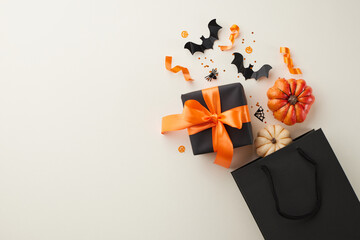 Join the parade of Halloween savings. Top view composition of black paper package, gift box, pumpkins, scary insects, confetti on light grey background with marketing space