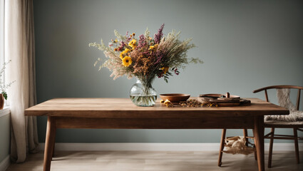 dining room with wooden table against a blank wall in a modern home interior. A glass vase with a bouquet of dried flowers.