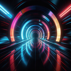 Neon Retro-Futuristic Tunnel: Bold Graphic Art with Intricate Geometric Patterns and Polished Reflective Surfaces