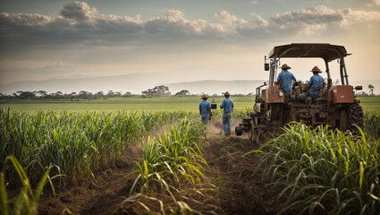 The eco-friendly aspects of modern sugarcane cultivation, with the farmer employing efficient equipment to maintain sustainability. - obrazy, fototapety, plakaty