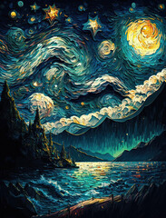 Modern Abstract Moonlight Night View Painting, Large Textured Wall Art, Living Room Wall Decor Artwork, Generative AI
