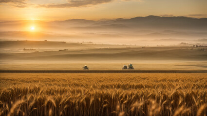 Combine harvester working on a field. The wheat field at sunrise, with farmers at work. Emphasize the breathtaking natural beauty of the landscape along with the human element.
