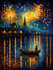 Modern Abstract Moonlight Night View Painting, Large Textured Wall Art, Living Room Wall Decor Artwork, Generative AI