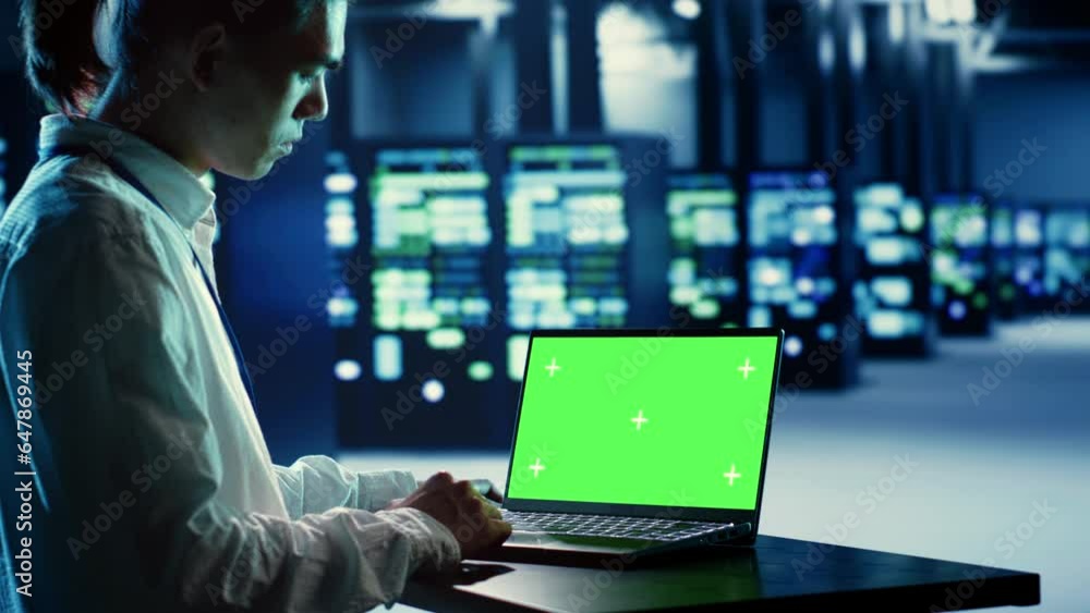 Poster employee using green screen laptop to fix data center hardware clusters providing processing resourc