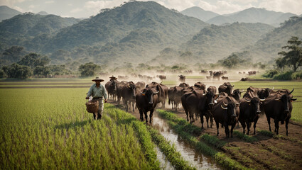 cows in the field, farmers are using water buffaloes to help with the rice harvest. The gentle giants wade through the field while farmers cut the rice. - Powered by Adobe