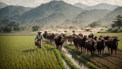 Foto op Canvas cows in the field, farmers are using water buffaloes to help with the rice harvest. The gentle giants wade through the field while farmers cut the rice. © CG Pixel_Stock