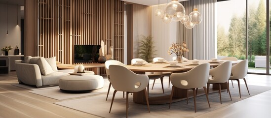 Modern living room with oval dining table vase chairs and chandelier