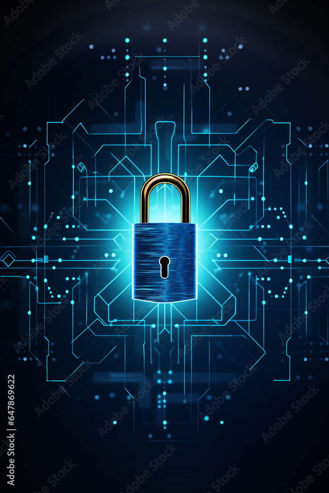 Poster cyber security concept. lock symbol from lines and triangles, point connecting network on blue backg