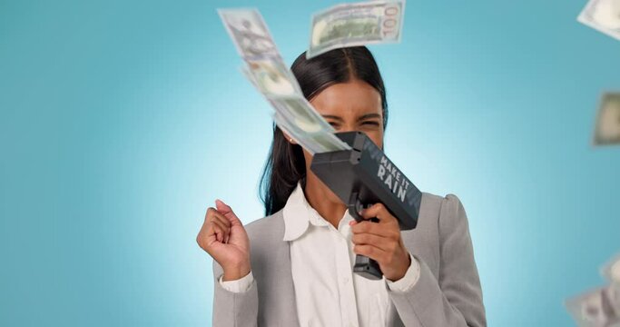 Money gun, studio or happy woman with success, lottery jackpot or winning competition giveaway cash prize. Business, dollars or excited rich person with wealth goals or investment on blue background