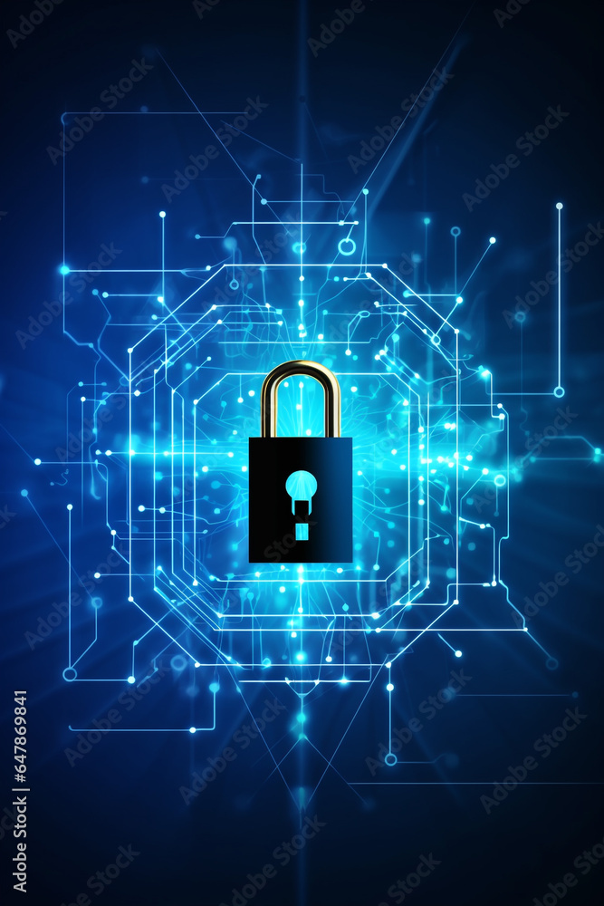 Poster cyber security concept. lock symbol from lines and triangles, point connecting network on blue backg