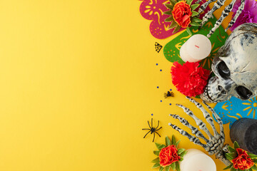 Rejoice in the lively day of the dead festivities. Top view of spooky skull, flowers, skeleton arms, candles, colorful garland, scary insects on yellow background with promotional slot