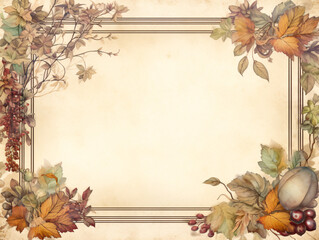 Naklejka na ściany i meble Beautiful framed page with vintage autumn theme with tree leaves and berries in autumn light pastel colours. AI digital art