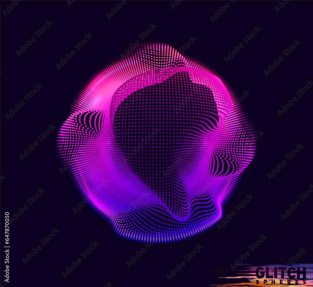 Poster corrupted violet point sphere. abstract vector colorful mesh on dark background. futuristic style ca