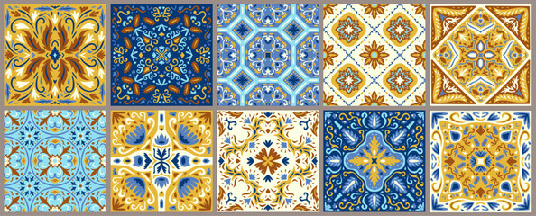 Set of patterned azulejo floor tiles. Abstract geometric background. Collection of ceramic tiles in turkish style. Seamless colorful patchwork. Portuguese and Spain decor. Islam, Arabic, Indian motif. - 647870084