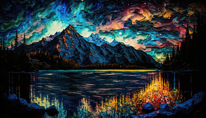 Naklejka premium Modern Abstract Moonlight Night View Painting, Large Textured Wall Art, Living Room Wall Decor Artwork, Generative AI