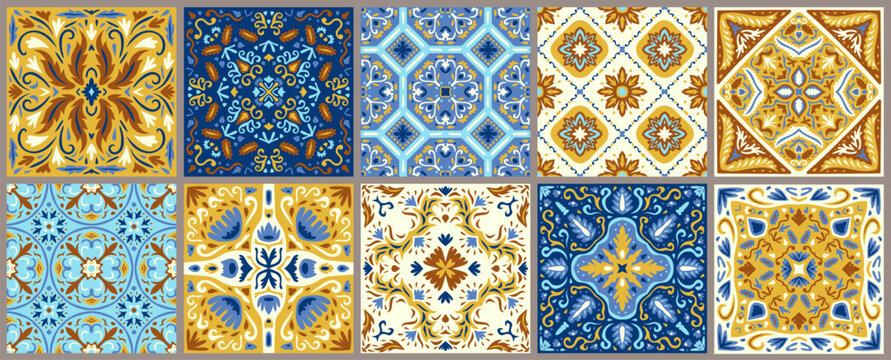 Set Of Patterned Azulejo Floor Tiles. Abstract Geometric Background. Collection Of Ceramic Tiles In Turkish Style. Seamless Colorful Patchwork. Portuguese And Spain Decor. Islam, Arabic, Indian Motif.