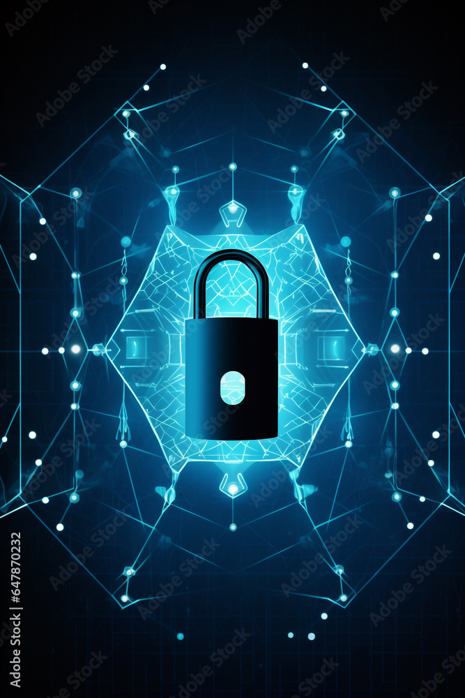 Poster cyber security concept. lock symbol from lines and triangles, point connecting network on blue backg