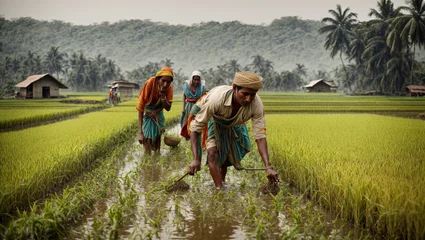 Fotobehang Farming methods in rural India. Farmers, knee-deep in the waterlogged paddy field, are manually harvesting the rice, glimpse into age-old agricultural practices. © Lokesh