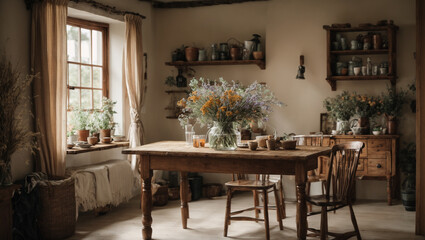 Fototapeta na wymiar Country cottage interior. A wooden table with a vase of dried flowers sits near an empty wall.