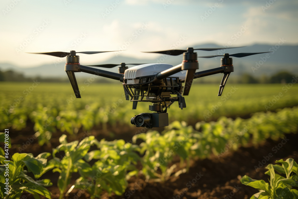 Poster autonomous drones monitoring crop health on a large agricultural field. generative ai.