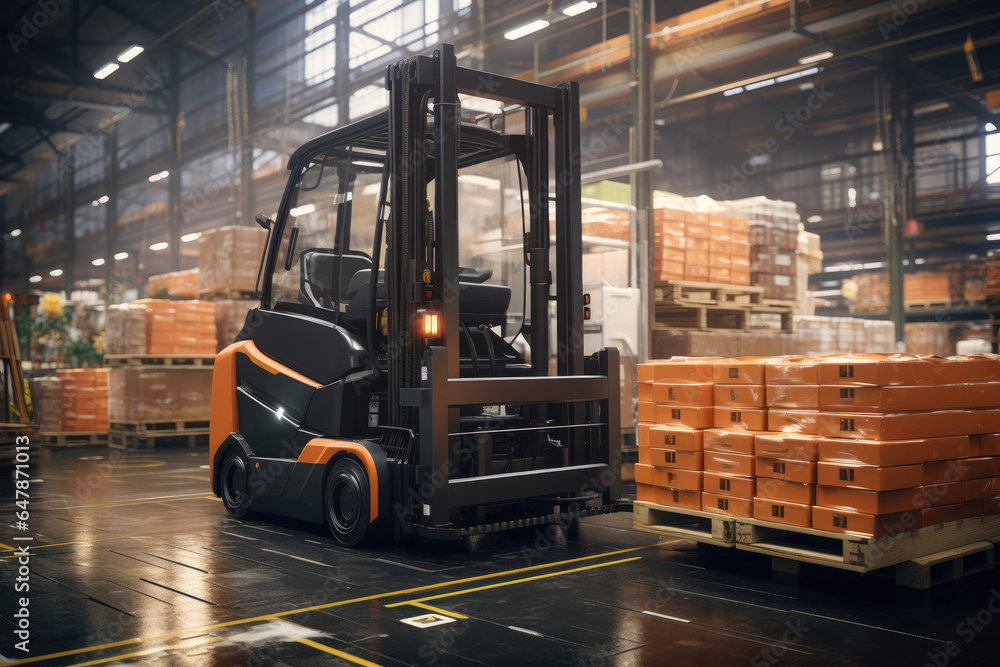 Poster an autonomous forklift efficiently stacking pallets in a warehouse. generative ai.