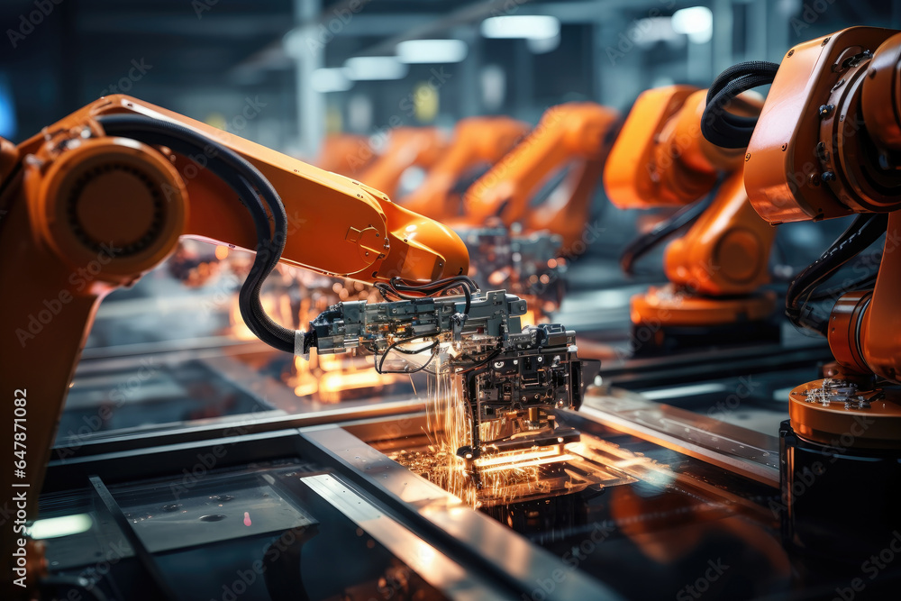 Poster precision robotic arms assembling electronic components on a factory line. generative ai.