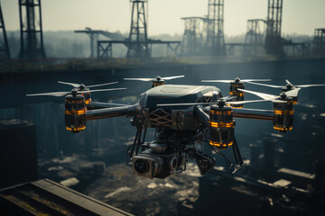 A robotic drone conducting an aerial inspection of a power plant. Generative Ai.