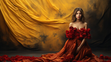 "A marvelous woman, wearing a long dress during a photo session, against an easily editable background."