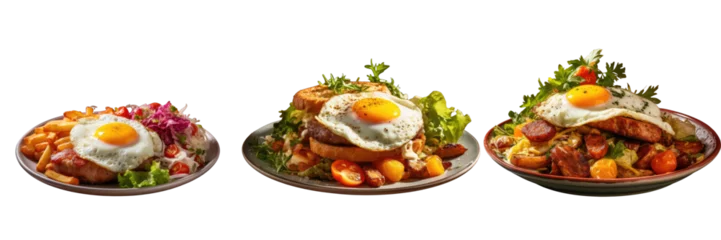 Poster Png Set Brioche with egg sausages hash browns and salad for breakfast transparent background © 2rogan