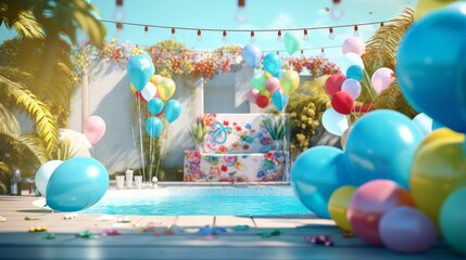 A vibrant and festive pool filled with colorful balloons and streamers, ready to celebrate