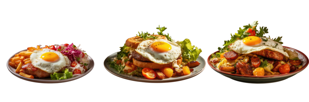 Png Set Brioche with egg sausages hash browns and salad for breakfast transparent background