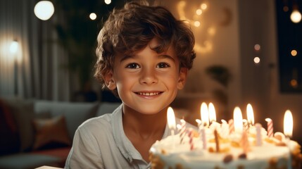 A joyful young boy celebrating his birthday with a cake and lit candles
