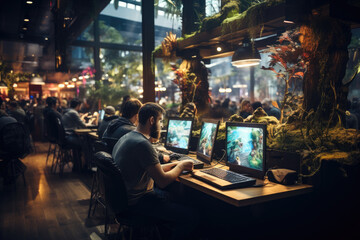 A gaming cafe bustling with patrons enjoying multiplayer matches. Generative Ai.