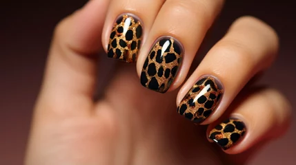  A gl and nail design featuring a glossy black base adorned with gold foil leopard spots, adding a touch of wild and fierce elegance. © Justlight