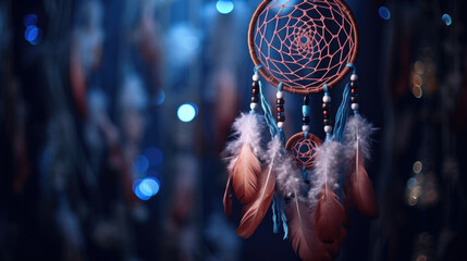 An enchanting and ethereal depiction of a dreamcatcher adorned with feathers and beads, embodying protection and spiritual connections. - obrazy, fototapety, plakaty