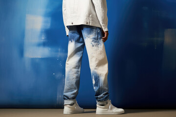 A visually striking depiction displaying a pair of bespoke denim pants, skillfully bleached and faded to create a striking ombre effect. - obrazy, fototapety, plakaty