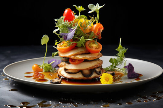 This captivating image highlights the beauty in upcycled food, featuring an exquisite dish meticulously crafted from repurposed ingredients, offering both sustainability and gastronomic